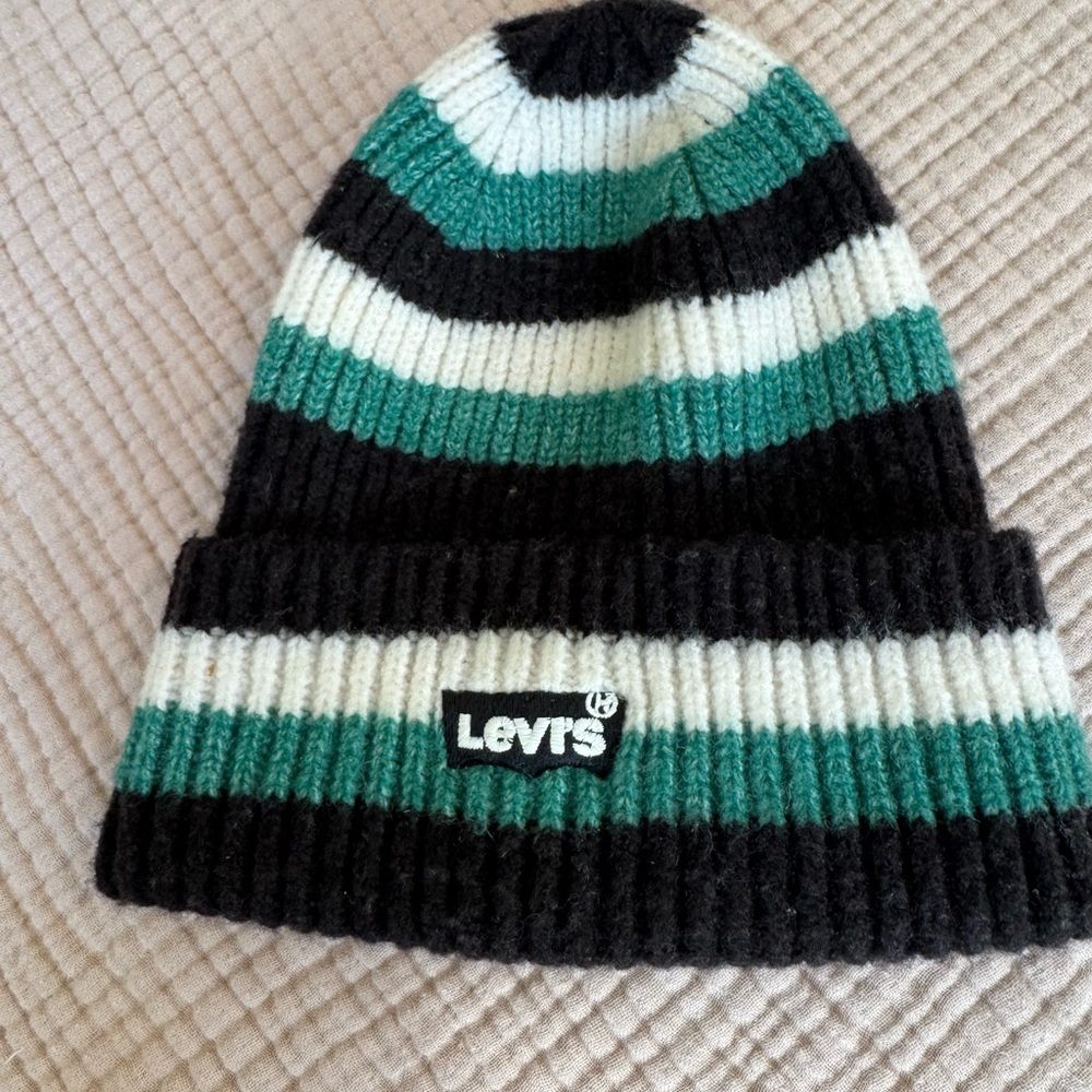Levi's Striped Knit Beanie Hat in Black, White & Green